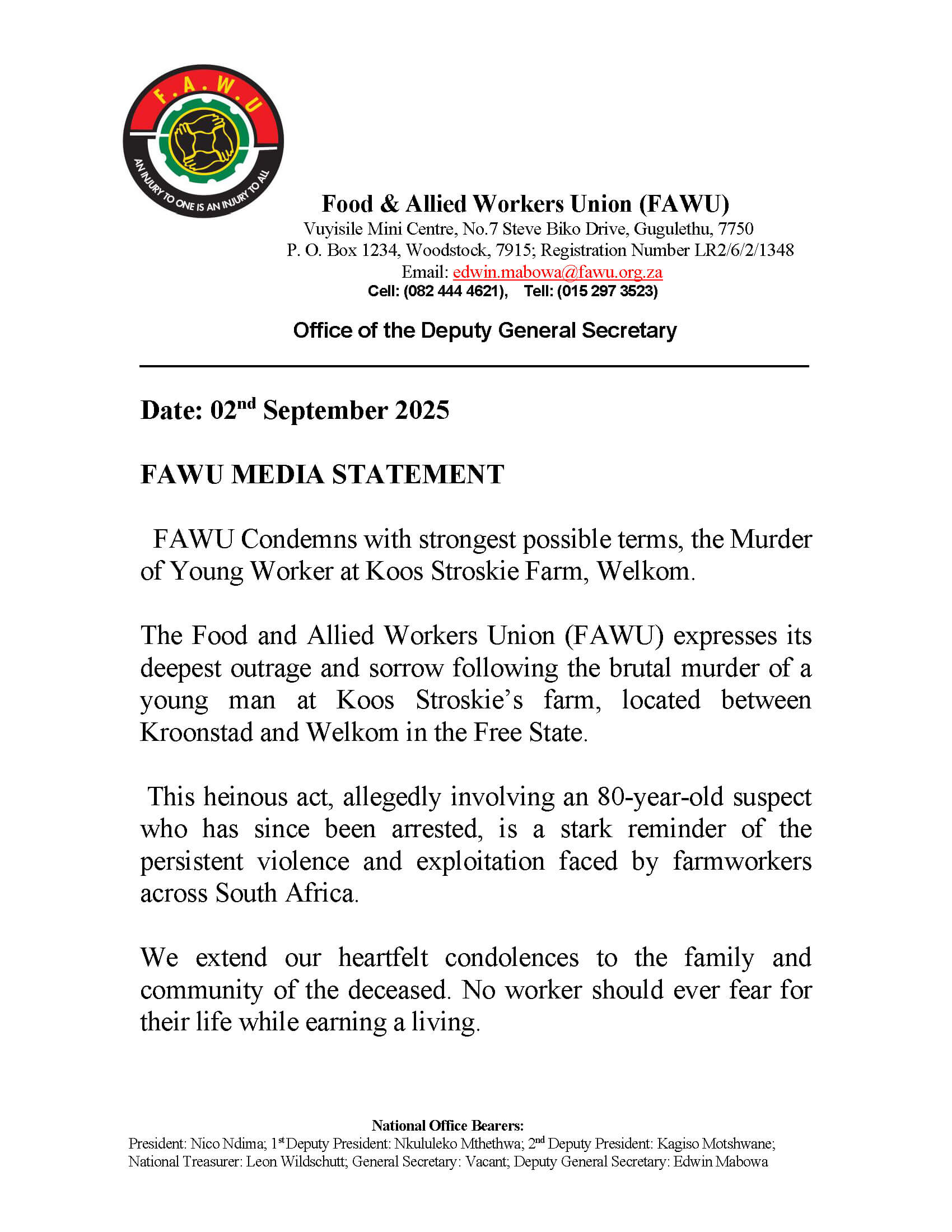 FAWU Statement on Koos Stroskie Farm Murder1
